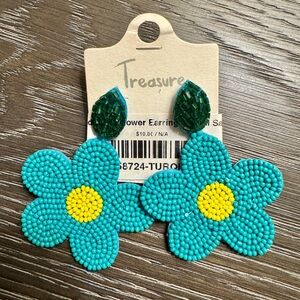 Turquoise Seed Bead Flower Drop Earrings with Yellow Centers